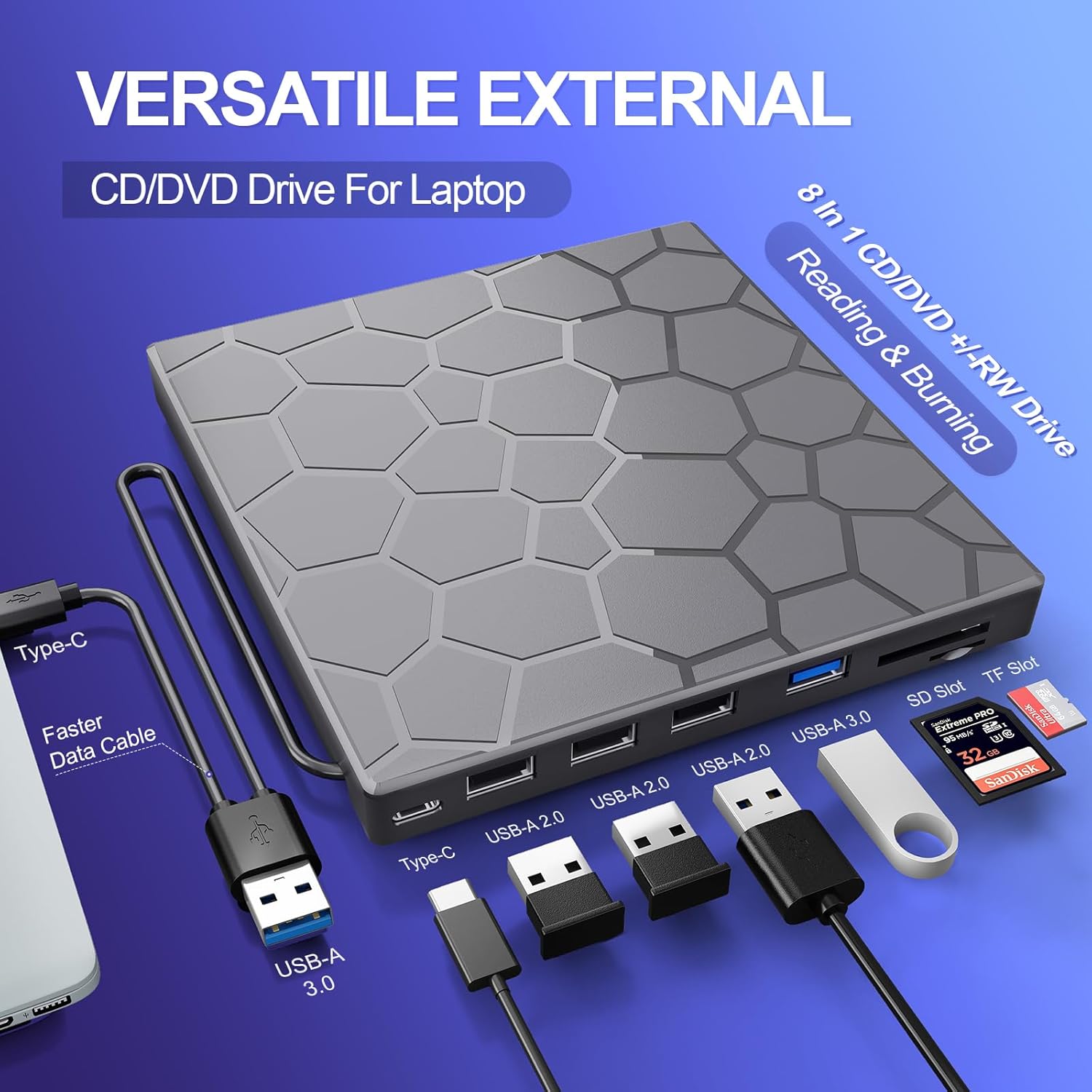 High-Speed USB 3.0 External CD/DVD Drive with Burner – Plug & Play, Windows & Mac Compatible - Image 2