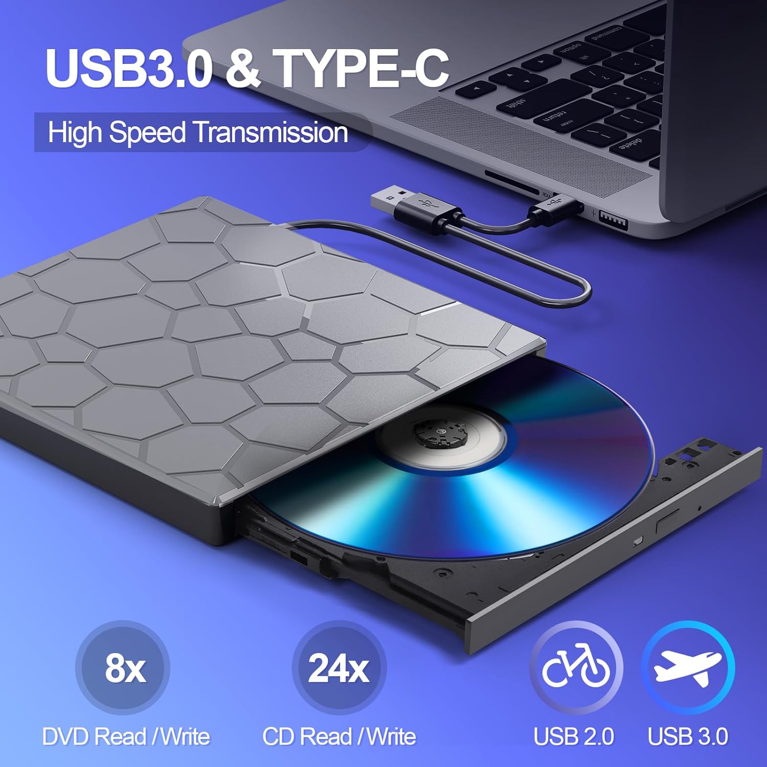 High-Speed USB 3.0 External CD/DVD Drive with Burner – Plug & Play, Windows & Mac Compatible - Image 4