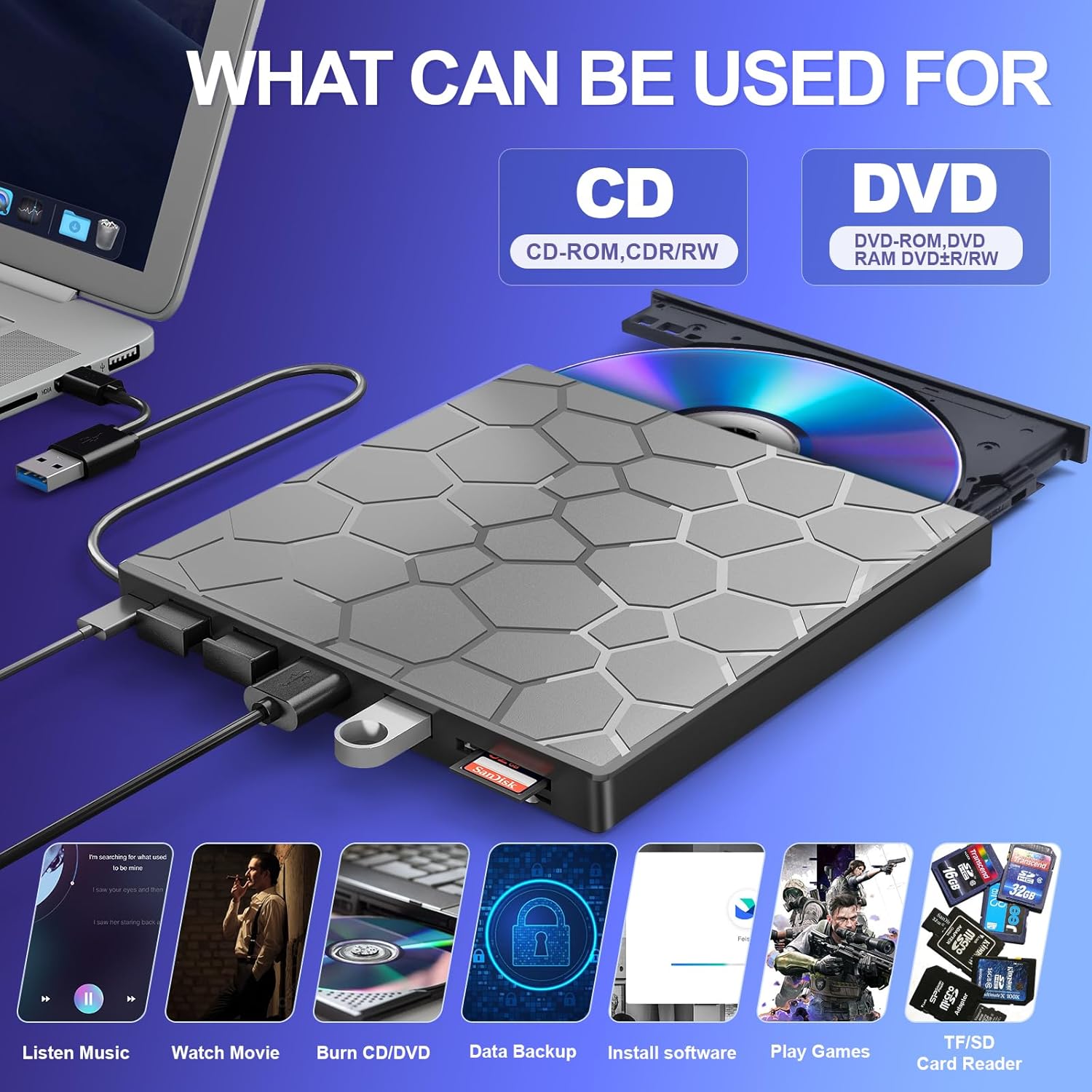 High-Speed USB 3.0 External CD/DVD Drive with Burner – Plug & Play, Windows & Mac Compatible - Image 3