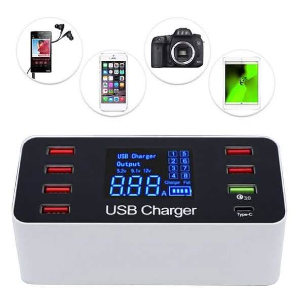 8A40W Charger Adapter Type C Hubs Quick Charge 3.0 USB Multi Port USB Charger Dock Station LCD Display with Smart Identification