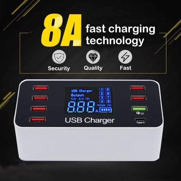 8A40W Charger Adapter Type C Hubs Quick Charge 3.0 USB Multi Port USB Charger Dock Station LCD Display with Smart Identification - Image 5